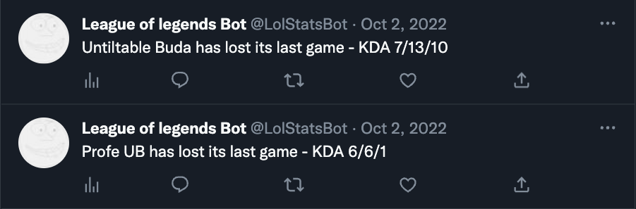 twitter bot tweet saying "Summoner has lost its last game, 7 kills 13 deaths and 10 assists"